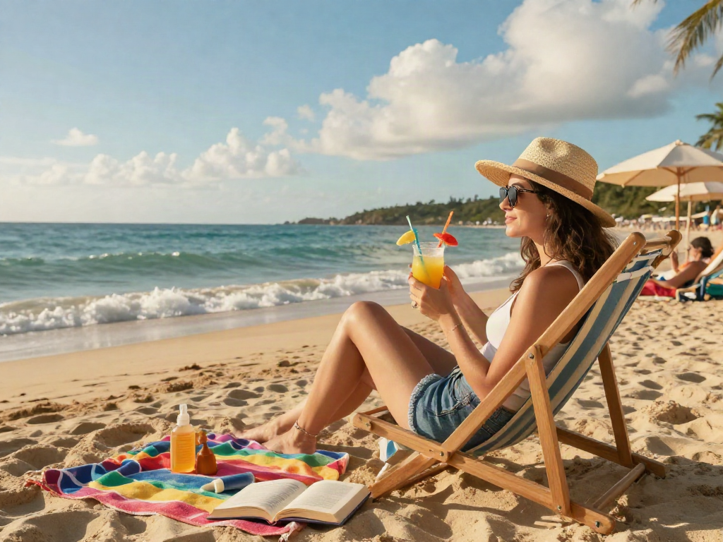 Woman enjoying a beach day with slot deposit qris cocktails, sunbathing, and summer vibes.