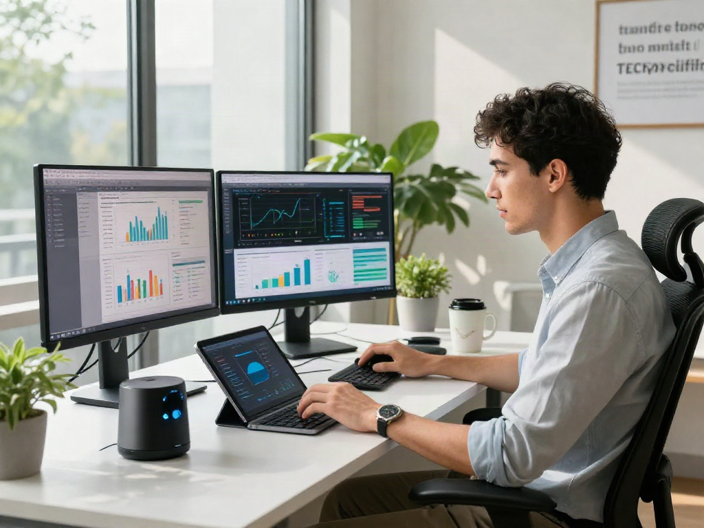 AI Detector analysis in a modern tech workspace with data visualizations and sleek devices.